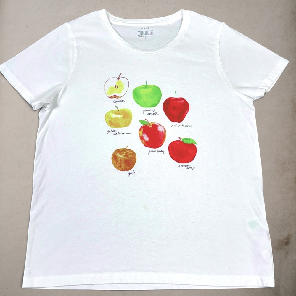 J.CREW Apples Graphic Collector Tee Womens L White Fruit Food Art Casual Factory